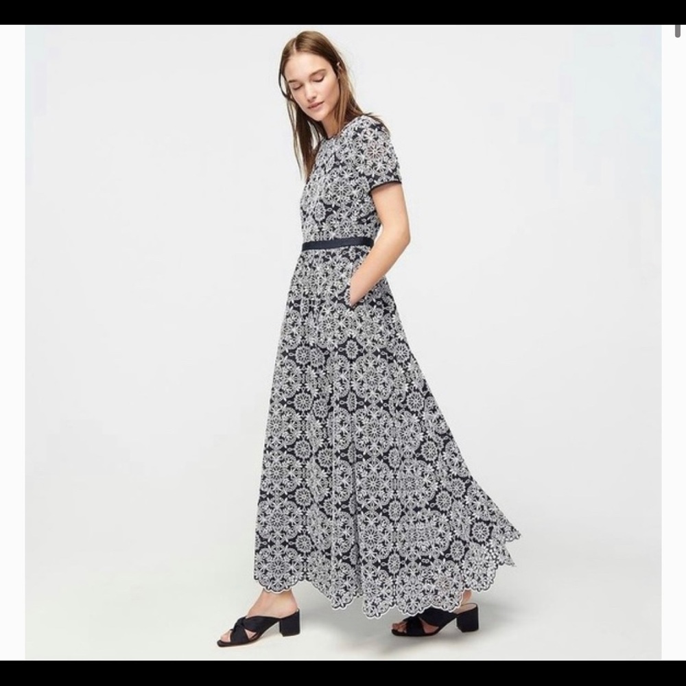 NWOT J. Crew Short Sleeve Maxi Dress In Eyelet Navy Blue White Sz 6